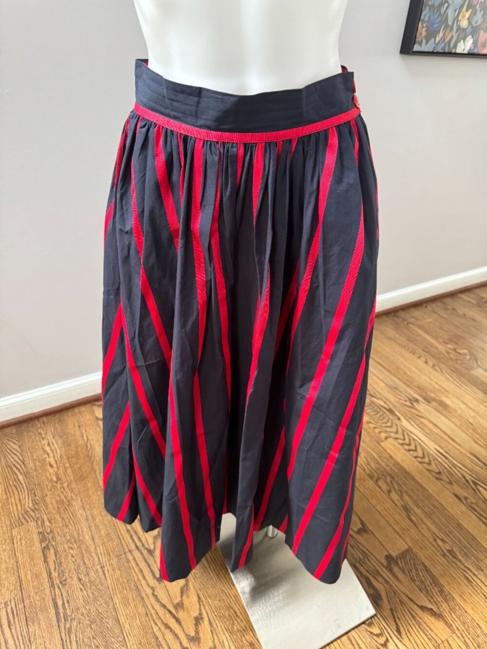 LOVE BINETTI Red Navy Striped 100% Cotton Asymmetric Midi Skirt Size XS